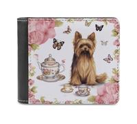 FekiLoot Yorkshire Terrier Tea Party Butterflies Roses Wallet Fashionable Slim Leather Wallet with Multiple Card Slots And Hidden Compartments Wallets