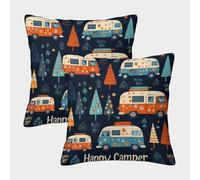 FELASBUID Campervan Design-Retro Floral Style Pillow Covers 2 Pack Cozy Pillowcase Cushion Covers with Zipper Decor Sofa for Living Room Bedroom 40x40cm