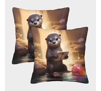 FELASBUID Cute Otter Reading-fantasy Illustrated Style Pillow Covers 2 Pack Cozy Pillowcases Available All Seasons Cushion Covers with Invisible Zipper Decorative Couch Living Room 50x50cm