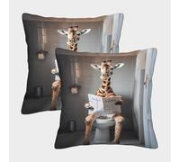 FELASBUID Giraffe Reading Newspaper-Humorous Bathroom Scene Pillow Covers 2 Pack Cozy Pillowcase Available All Seasons Cushion Covers Polyester Decor for Sofa Living Room Bed Home 40x40cm
