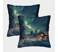 FELASBUID Northern Lights Cabin-Winter Scenic Landscape Pillow Covers 2 Pack Cozy Pillowcase Available All Seasons Cushion Cover with Zipper Decorative Sofa for Living Room Bedroom 40x40cm