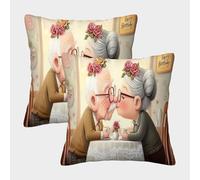 FELASBUID Romantic Elderly Couple-Cartoon Vintage Birthday Scene Pillow Covers 2 Pack Cozy Pillowcase Available All Seasons Cushion Case with Zipper Decorative Sofa for Living Room Bedroom 50x50cm