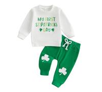 Felcia Baby 2Pcs St. Patrick's Day Outfits Long Sleeve Clover Embroidery Sweatshirt with Pants Set Infant Spring Clothes (C-White, 18-24 Months)