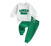 Felcia Baby 2Pcs St. Patrick's Day Outfits Long Sleeve Clover Embroidery Sweatshirt with Pants Set Infant Spring Clothes (D-White, 3-4T)
