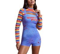 Felcia Halloween Chucky Costume for Women Sexy Striped Long Sleeve Crop Top with Bodysuit Chucky Outfit Scary Nightmare Killer Doll Costume