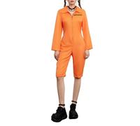 Felcia Halloween Orange Jumpsuit Costume for Women Convict Robber Prison Break Jail Short Jumpsuit Theme Party Cosplay Prisoner Costume (A-Orange, XL)