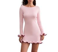Felcia Jumper Dress for Women Crew Neck Long Sleeve Lettuce Edge Knit Bodycon Mini Dress Elegant Party Short Dress Streetwear (A-Pink, M)