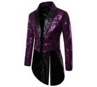 Felcia Men Shiny Sequin Tuxedo Jacket Lapel Collar Button Down Blazer Tuxedo Party Club Wedding Prom Swallow-Tailed Suit Tailcoat (Purple A, M)