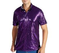 Felcia Mens Glitter Casual Vintage Tops Short Sleeve Turndown Sparkle Sequins Shirt 70s Disco Nightclub Party Outfits for Men (A-Purple, M)