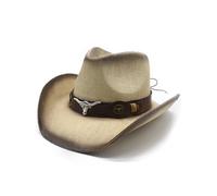 Felcia Men's Women's Straw Cowboy Hat Woven Sunscreen Cap Western Cowboy Hat Two Decorative Bands (C-Light Brown, ONE Size)