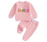 Felcia Toddler Girl Easter Outfits Rabbit Ear Letter Carrot Embroidery Crew Neck Long Sleeve Tops Long Pants 2Pcs Clothes Set (C-Pink, 3-6 Months)