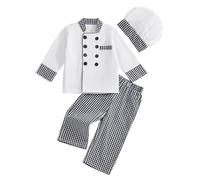 Felcia Unisex Chef Outfit for Children Classic Long Sleeve Button Down Top Matching Plaid Trousers with Hat Kids Baker Costume (A-White, 5-6 Years)