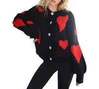 Felcia Valentine's Day Heart Print Knit Cardigan for Women Long Sleeve V Neck Button Down Oversized Sweaters Warm Outerwear Streetwear (J-Black, L)