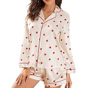 Felcia Valentine's Day Short Pajama Set for Women Cute Heart/Bow Print Long Sleeve Tops Matching Shorts 2 Piece Sleepwear Loungewear (B-Creamy White, L)