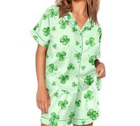 Felcia Women 2 Piece Pajama Set Irish Day Print Short Sleeve Button Shirt and Wide Leg Shorts Pjs St. Patrick's Day Soft Sleepwear (Green Leaves A, L)