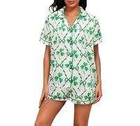Felcia Women 2 Piece Pajama Set Irish Day Print Short Sleeve Button Shirt and Wide Leg Shorts Pjs St. Patrick's Day Soft Sleepwear (Green B, M)