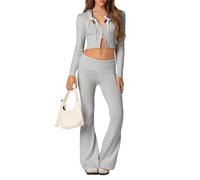 Felcia Women Casual Ribbed Two Piece Tracksuit Set Long Sleeve Zipper Hooded Crop Top with Bootcut Pants Knit Lounge Sets Y2k Streetwear (A-Light Grey, S)