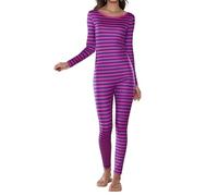 Felcia Women Cheshire Cat Cosplay Costume Long Sleeve Stripe Print Jumpsuit Halloween Christmas Dress Up Romper Outfits (Fuchsia B, S)