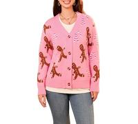 Felcia Women Christmas Knit Cardigan Cute Gingerbread Candy Cane Print Long Sleeve Button Down Open Front Sweater Loose Fit Knitted Coat (Pink A, M)