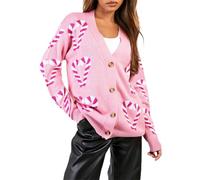 Felcia Women Christmas Knit Cardigan Cute Gingerbread Candy Cane Print Long Sleeve Button Down Open Front Sweater Loose Fit Knitted Coat (Pink C, M)