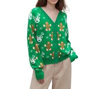 Felcia Women Christmas Knit Cardigan Cute Gingerbread Candy Cane Print Long Sleeve Button Down Open Front Sweater Loose Fit Knitted Coat (Green B, M)