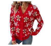 Felcia Women Christmas Knit Cardigan Cute Gingerbread Candy Cane Print Long Sleeve Button Down Open Front Sweater Loose Fit Knitted Coat (Red B, M)