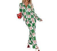 Felcia Women Christmas Pajama Set Lapel Collar Button Down Long Sleeve Shirt and Wide Leg Pants 2 Piece Candy Cane Print Satin Sleepwear (Green C, XL)