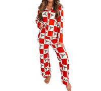 Felcia Women Christmas Pajama Set Lapel Collar Button Down Long Sleeve Shirt and Wide Leg Pants 2 Piece Candy Cane Print Satin Sleepwear (Red C, S)