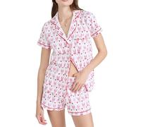 Felcia Women Easter 2 Piece Pajama Shorts Set Cute Bunny Print Short Sleeve Button Shirt and Wide Leg Shorts Roller Rabbit Sleepwear (Red A, L)