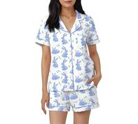 Felcia Women Easter 2 Piece Pajama Shorts Set Cute Bunny Print Short Sleeve Button Shirt and Wide Leg Shorts Roller Rabbit Sleepwear (Blue E, S)