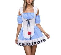 Felcia Women Halloween Maid Servant Costume Contrast Color Hearts and Spades Pattern Cold Shoulder Mini Dress for Cosplay Party (A-Sky Blue, S)