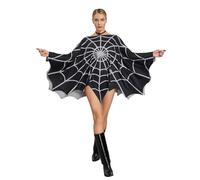 Felcia Women Halloween Poncho Costume Funny Spider Web Print Poncho Cape for Carnival Cosplay Party Poncho Cloak (A-Black, One Size)