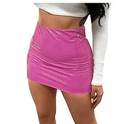 Felcia Women Neon Zip Back Leather Bodycon Mini Skirts Sexy Sequined Liquid Metallic Wet Look Latex Skirt (A-Pink, Medium)