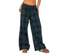 Felcia Women Plaid Print Pajamas Bottoms Elastic Waist Wide Leg Lounge Pants Check Graphic Casual Baggy Nightwear Pj Trousers (Green A, M)