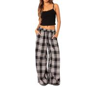 Felcia Women Plaid Print Pajamas Bottoms Elastic Waist Wide Leg Lounge Pants Check Graphic Casual Baggy Nightwear Pj Trousers (Black A, S)