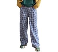Felcia Women Plaid Print Pajamas Bottoms Elastic Waist Wide Leg Lounge Pants Check Graphic Casual Baggy Nightwear Pj Trousers (Blue D, XL)