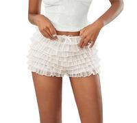 Felcia Women Ruffle Frill Shorts Elegant Elastic Waist Lace Mini Shorts Lolita Layered Bloomers Y2k Streetwear (D-White, M)