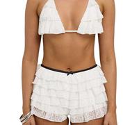 Felcia Women Ruffle Frill Shorts Elegant Elastic Waist Lace Mini Shorts Lolita Layered Bloomers Y2k Streetwear (E-White, S)