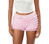 Felcia Women Ruffle Frill Shorts Elegant Elastic Waist Lace Mini Shorts Lolita Layered Bloomers Y2k Streetwear (D-Pink, XS)