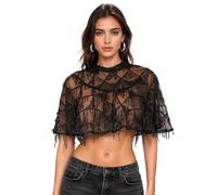 Felcia Women Sequin Capelet Sheer Mesh Mock Neck Cropped Poncho Tops | Rear keyhole closure, see through, hanging sequin and bead tassels, for festival, wedding, nightclub and evening outfits