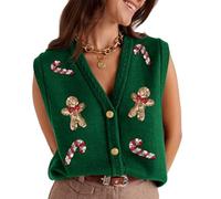 Felcia Women Sequins Gingerbread Man Christmas Sweater Vest Sleeveless V Neck Button Down Knitted Tank Tops Xmas Versatile Waistcoat Streetwear (A-Green, XL)