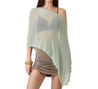 Felcia Women Summer Sheer Poncho Blouse Y2K Lightweight Mesh Off The Shoulder Pullover Going Out Beach Swimsuit (A-green, ONE SIZE)