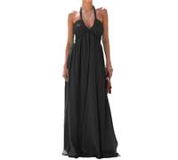 Felcia Women Summer Tie-Up Halter Neck Maxi Dress Sleeveless V Neck Vacation Beach Sundress Solid Color Backless Long Dress (Black A, L)