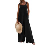 Felcia Women Vintage Wide Leg Jumpsuit Sleeveless Button Suspender Loose Overalls Baggy Rompers with Pockets (A-Black, XXL)