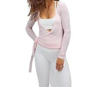 Felcia Women Y2K Cross Tie Wrap Top Coquette Long Sleeve Deep V Neck Crop Shirt Slim Fit Dance Bolero Shrug Fairy Yoga Workout Blouse (Pink A, ONE Size)