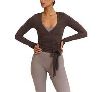 Felcia Women Y2K Cross Tie Wrap Top Coquette Long Sleeve Deep V Neck Crop Shirt Slim Fit Dance Bolero Shrug Fairy Yoga Workout Blouse (Coffee B, XL)