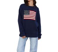 Felcia Women Y2K Vintage Oversized Sweater Long Sleeve Crew Neck USA Flag Knit Pullover American Flag Chunky Cable Preppy Knitwear Top (Navy Blue, M)