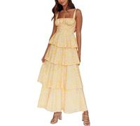 Felcia Women's Casual Floral Corset Dress Square Neck Spaghetti Strap Summer Boho Tiered Sleeveless Lace Up Corset Sundress (A-Yellow, L)