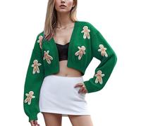 Felcia Women's Christmas Cardigan Trendy Gingerbread Man Embroidered Open Front Cropped Knitted Sweater for Xmas Party (A-Green, M)