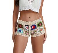 Felcia Women's Crochet Hollow Out Shorts Contrast Stripe See-Through Knit Beach Shorts Summer Bikini Bottoms Cover Up (B-Creamy White, S)